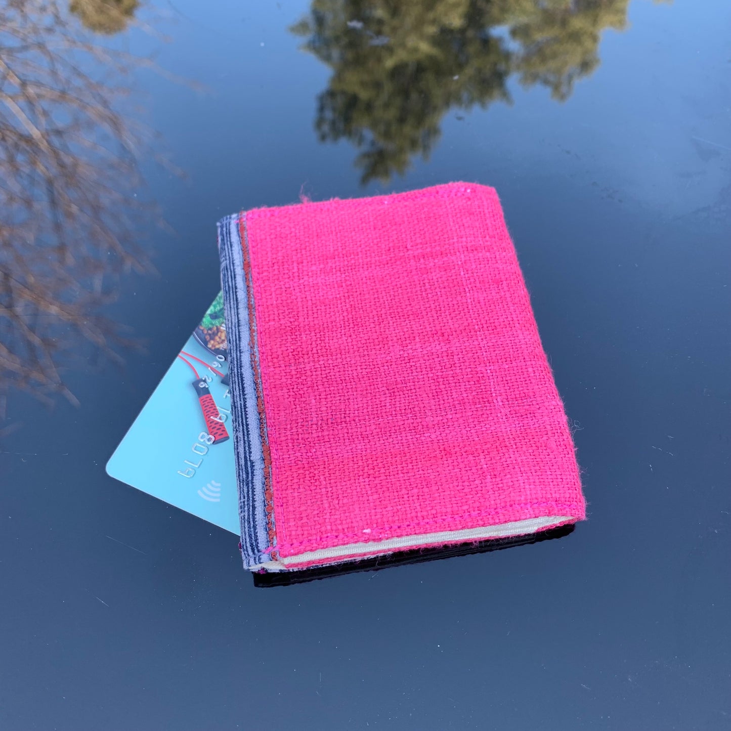 Unisex hemp wallet in PINK, triangle batik flap, natural color