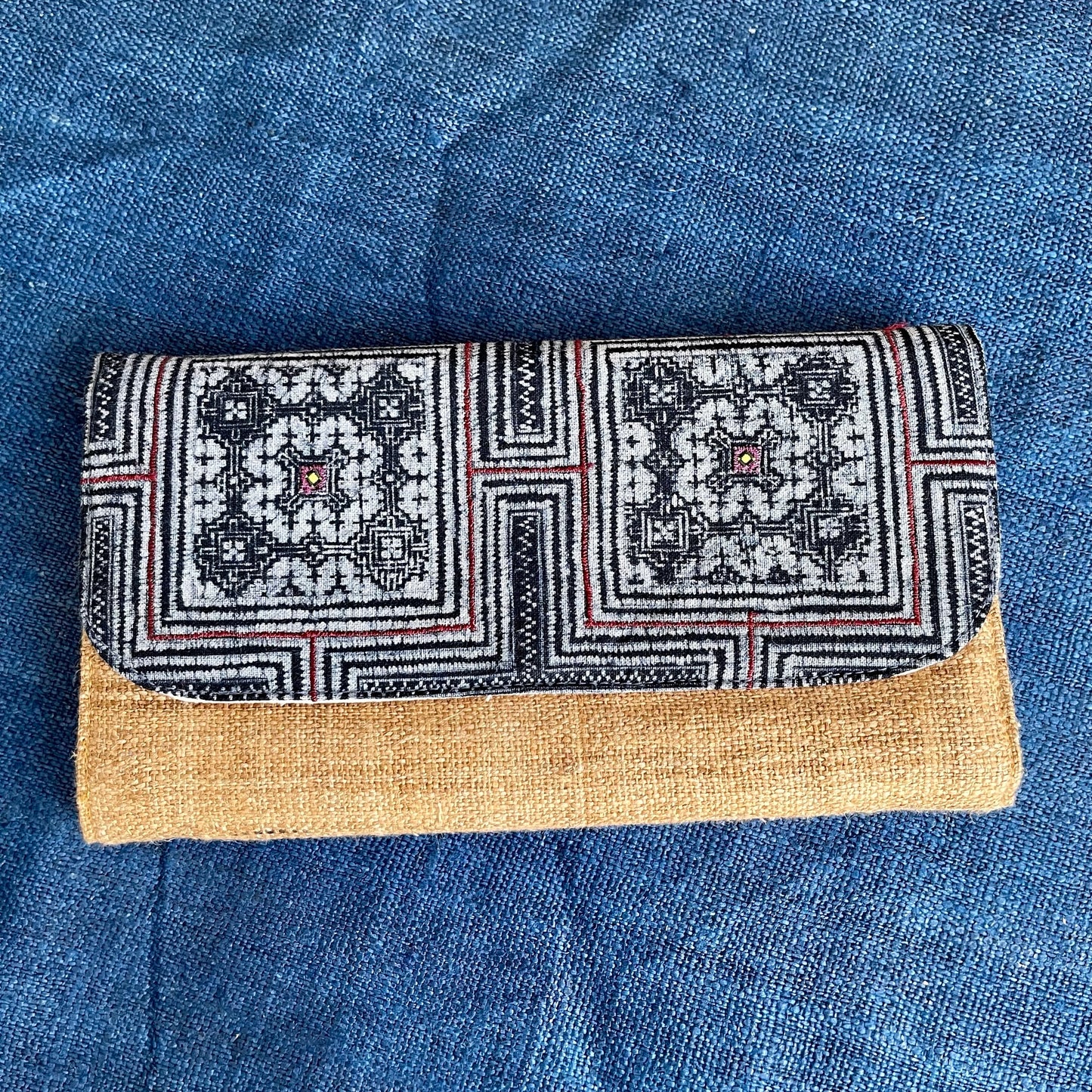 Brown long purse, Hemp fabric, Indigo Batik fabric, H'mong pattern