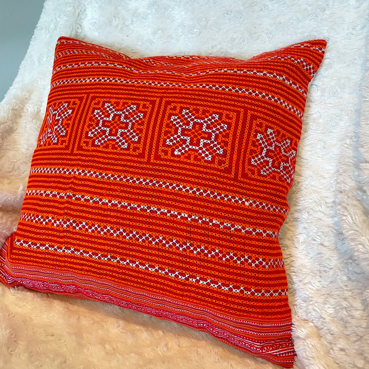 Cross-stitched embroidery cushion cover, snowflake pattern, authentic tribal fabric