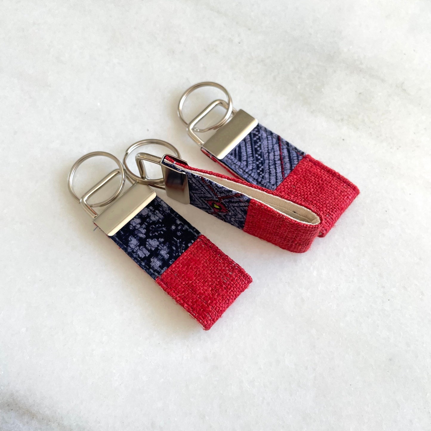 Red hemp fabric keychain with vintage batik patch, stainless metal key fob