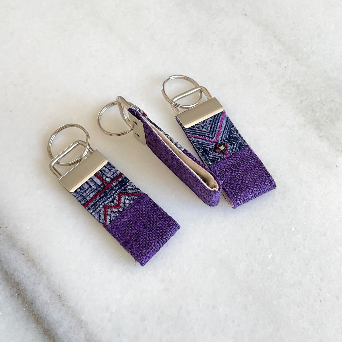 Purple hemp fabric keychain with vintage batik patch, stainless metal key fob