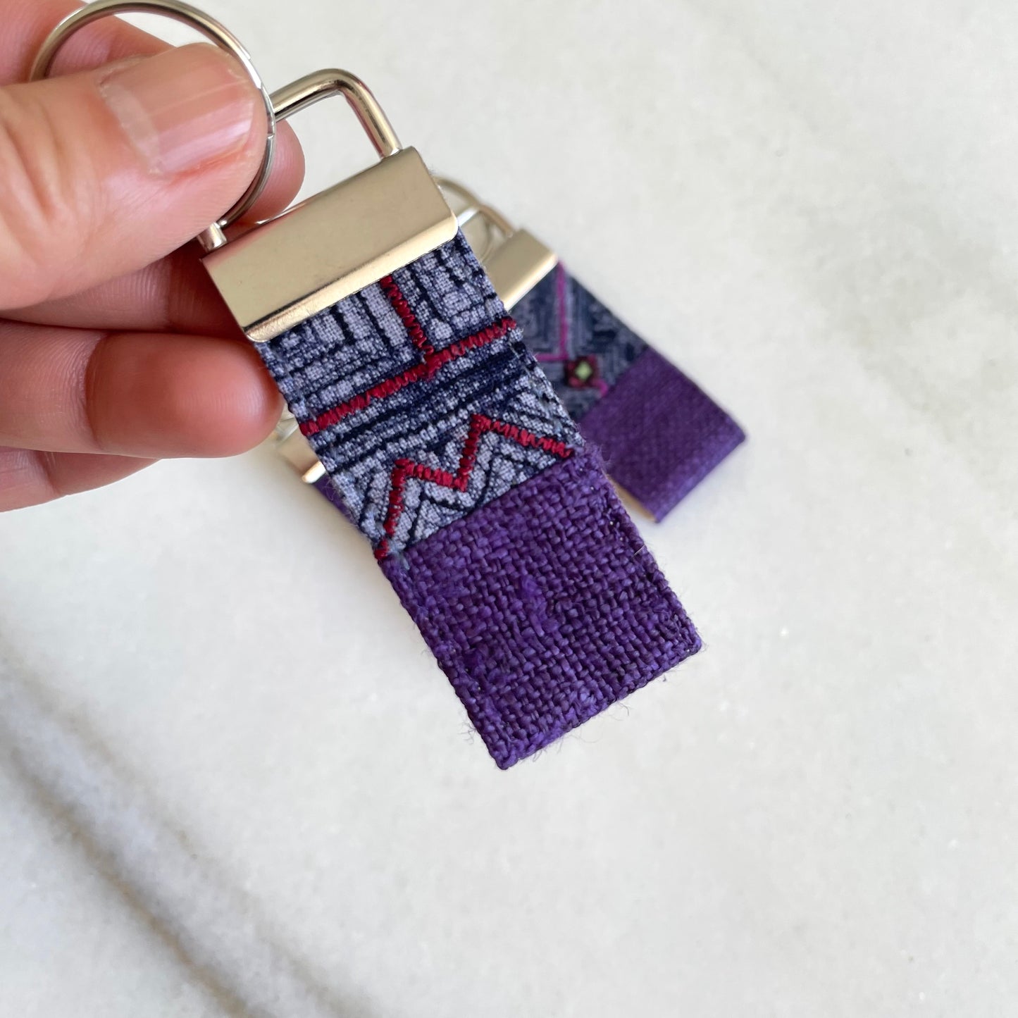 Purple hemp fabric keychain with vintage batik patch, stainless metal key fob