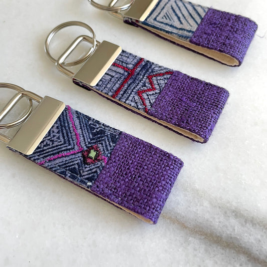 Purple hemp fabric keychain with vintage batik patch, stainless metal key fob