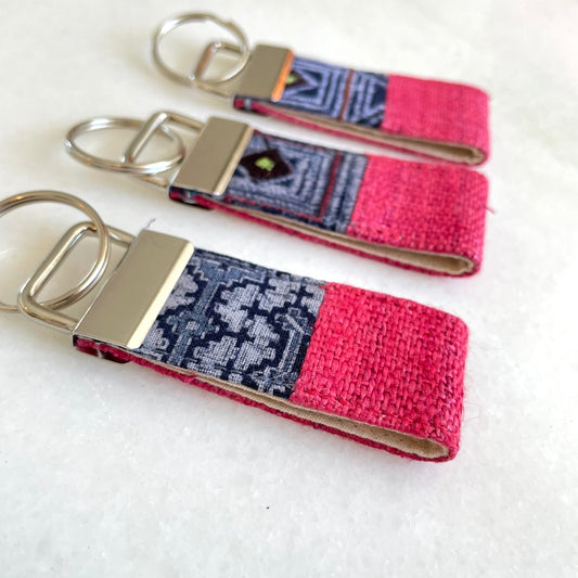 Pink hemp fabric keychain with vintage batik patch, stainless metal key fob