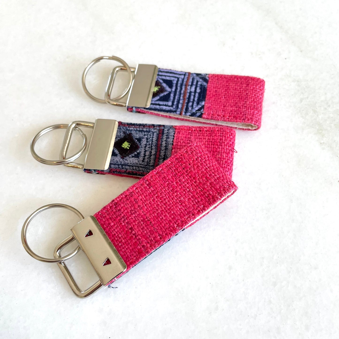 Pink hemp fabric keychain with vintage batik patch, stainless metal key fob