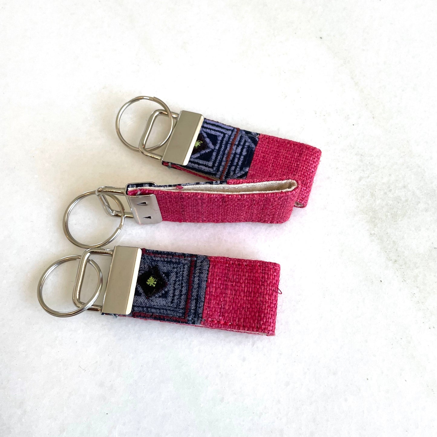 Pink hemp fabric keychain with vintage batik patch, stainless metal key fob