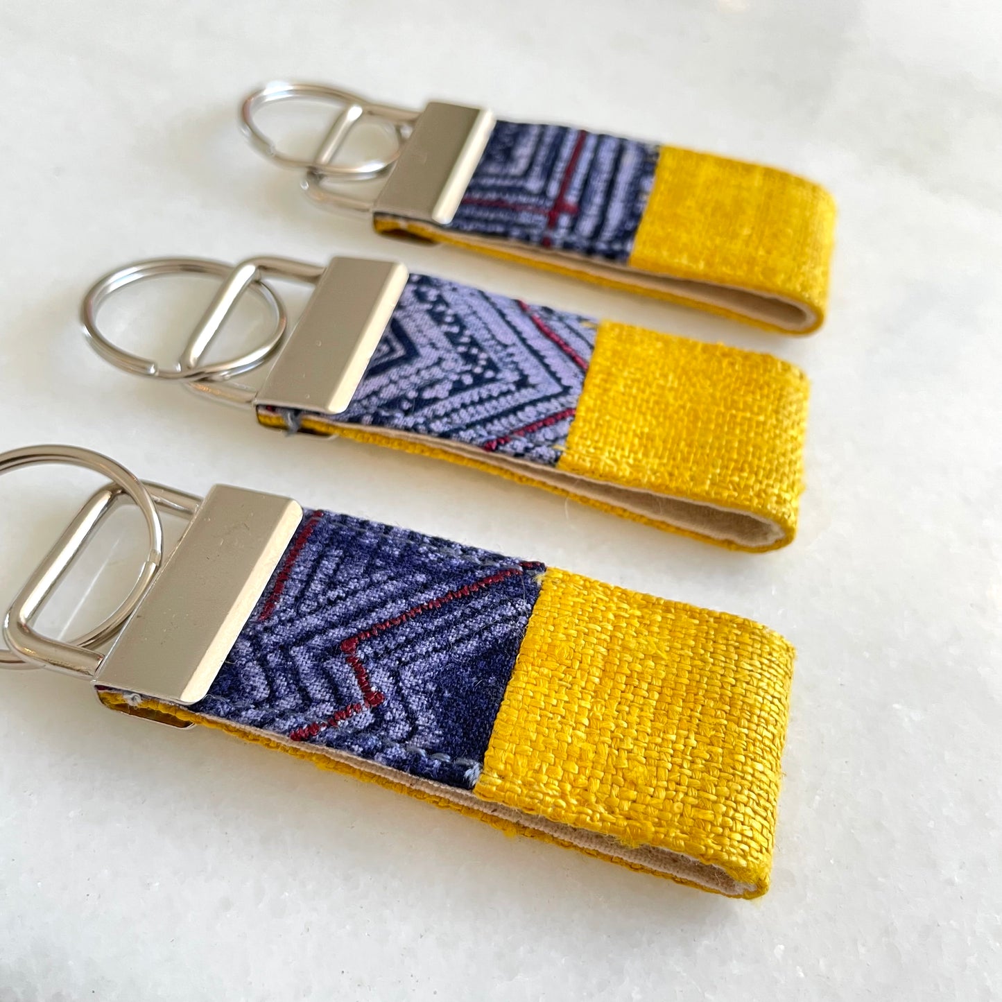 Yellow hemp fabric keychain with vintage batik patch, stainless metal key fob