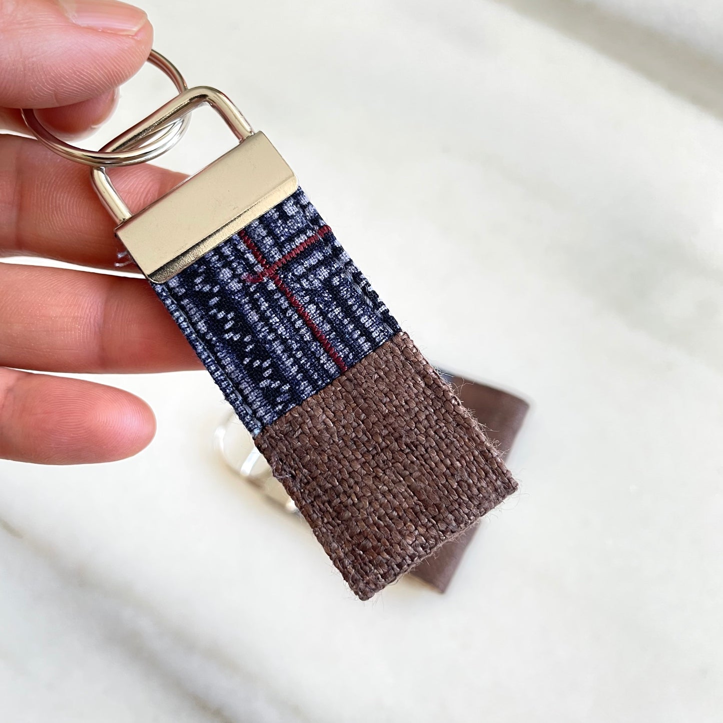 Dark brown hemp fabric keychain with vintage batik patch, stainless metal key fob