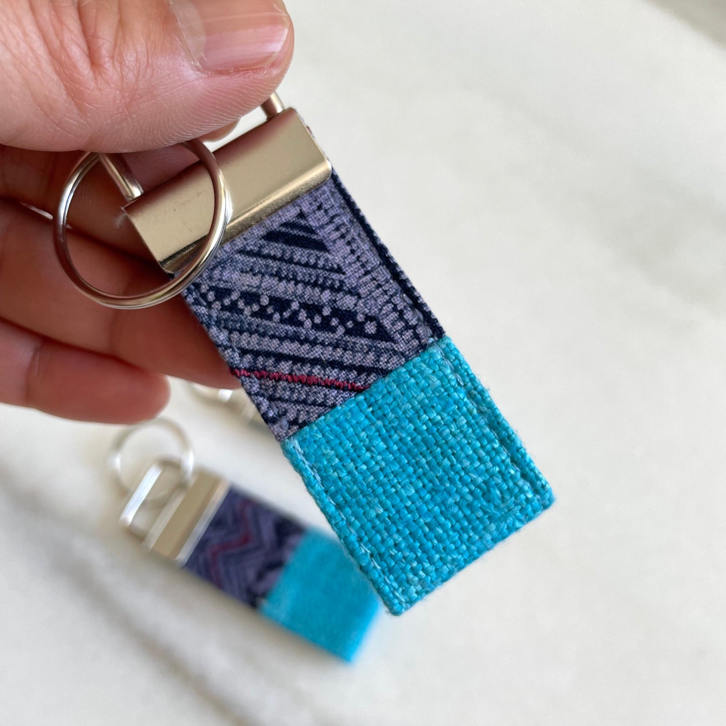 Turquoise blue hemp fabric keychain with vintage batik patch, stainless metal key fob