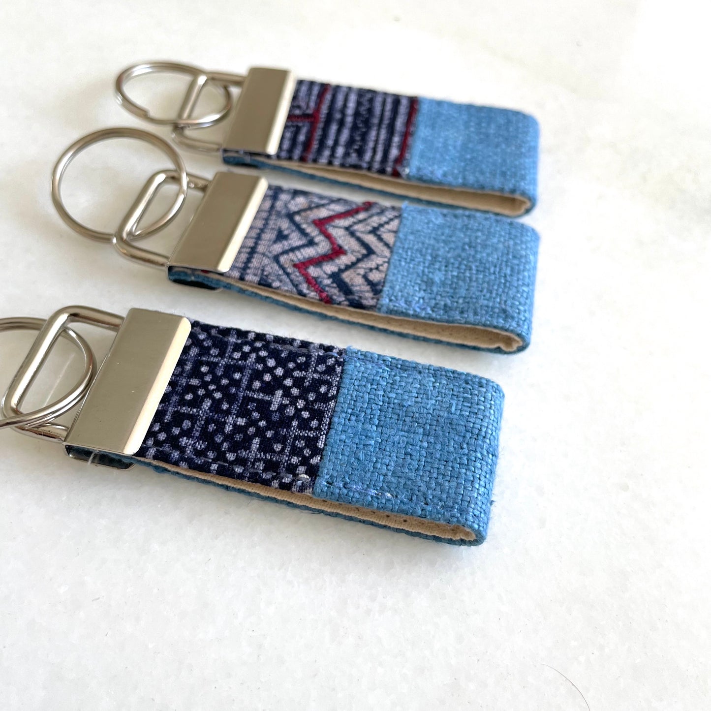 Indigo blue hemp fabric keychain with vintage batik patch, stainless metal key fob