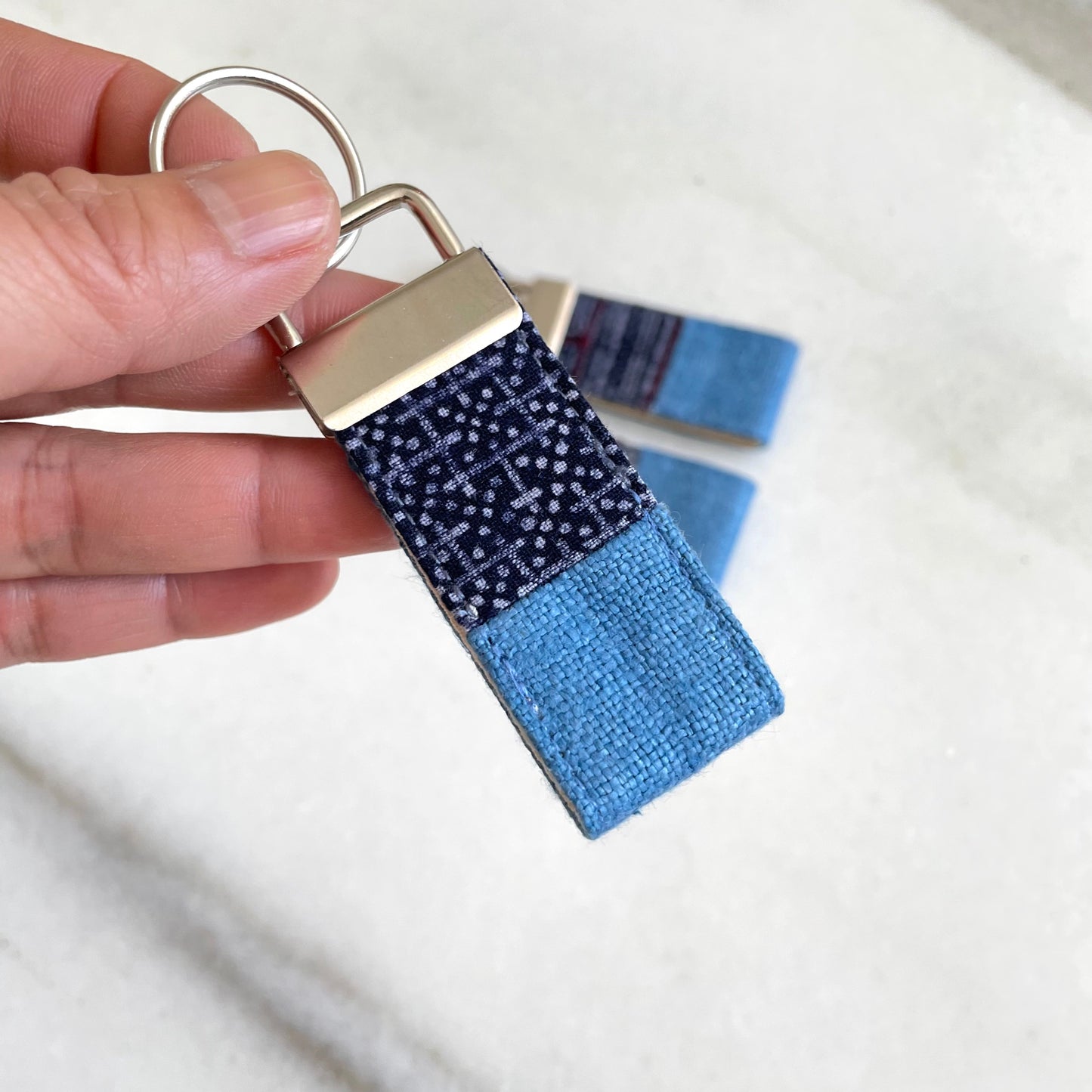 Indigo blue hemp fabric keychain with vintage batik patch, stainless metal key fob