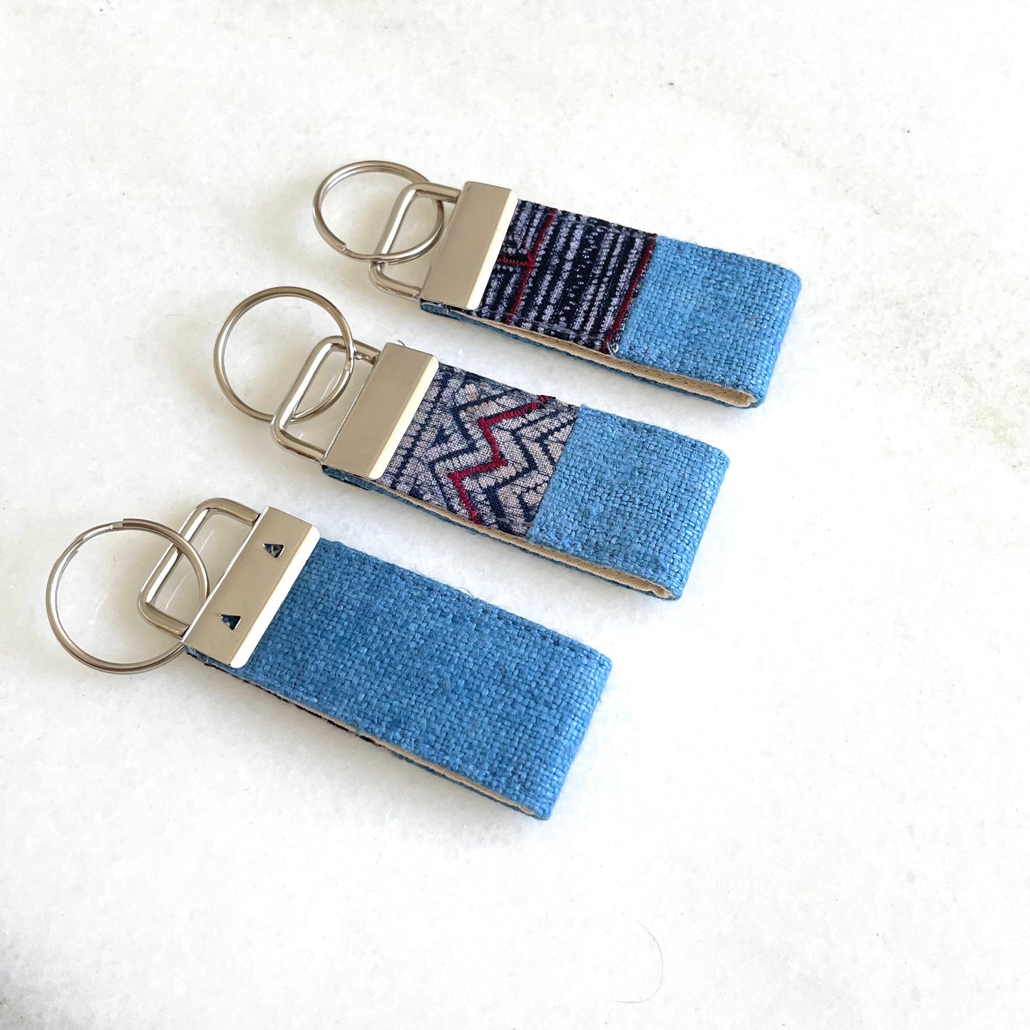 Indigo blue hemp fabric keychain with vintage batik patch, stainless metal key fob