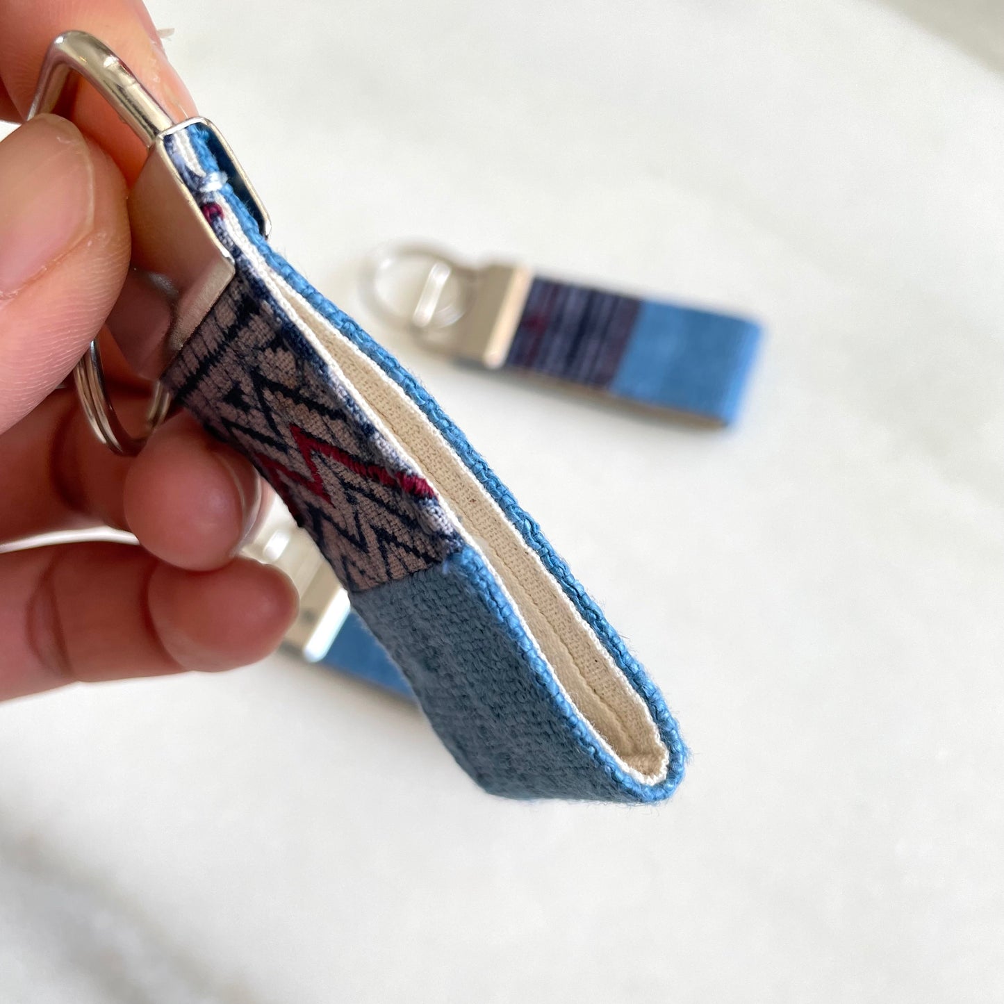 Indigo blue hemp fabric keychain with vintage batik patch, stainless metal key fob