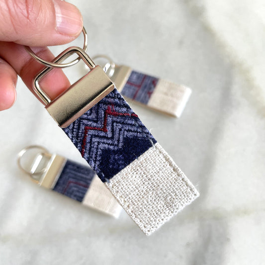 White hemp fabric keychain with vintage batik patch, stainless metal key fob