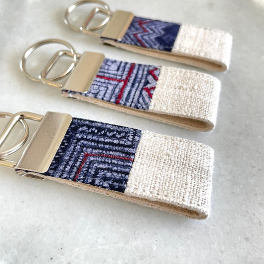 White hemp fabric keychain with vintage batik patch, stainless metal key fob