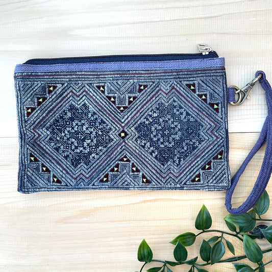 Unique pattern pouch bag, hemp fabric, Indigo Batik drawing, H'mong pattern