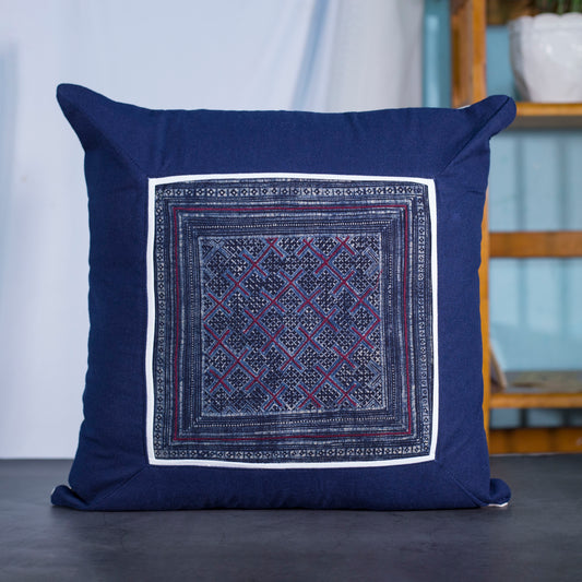 Blue Cushion Cover, H'mong vintage batik cloth, grid pattern