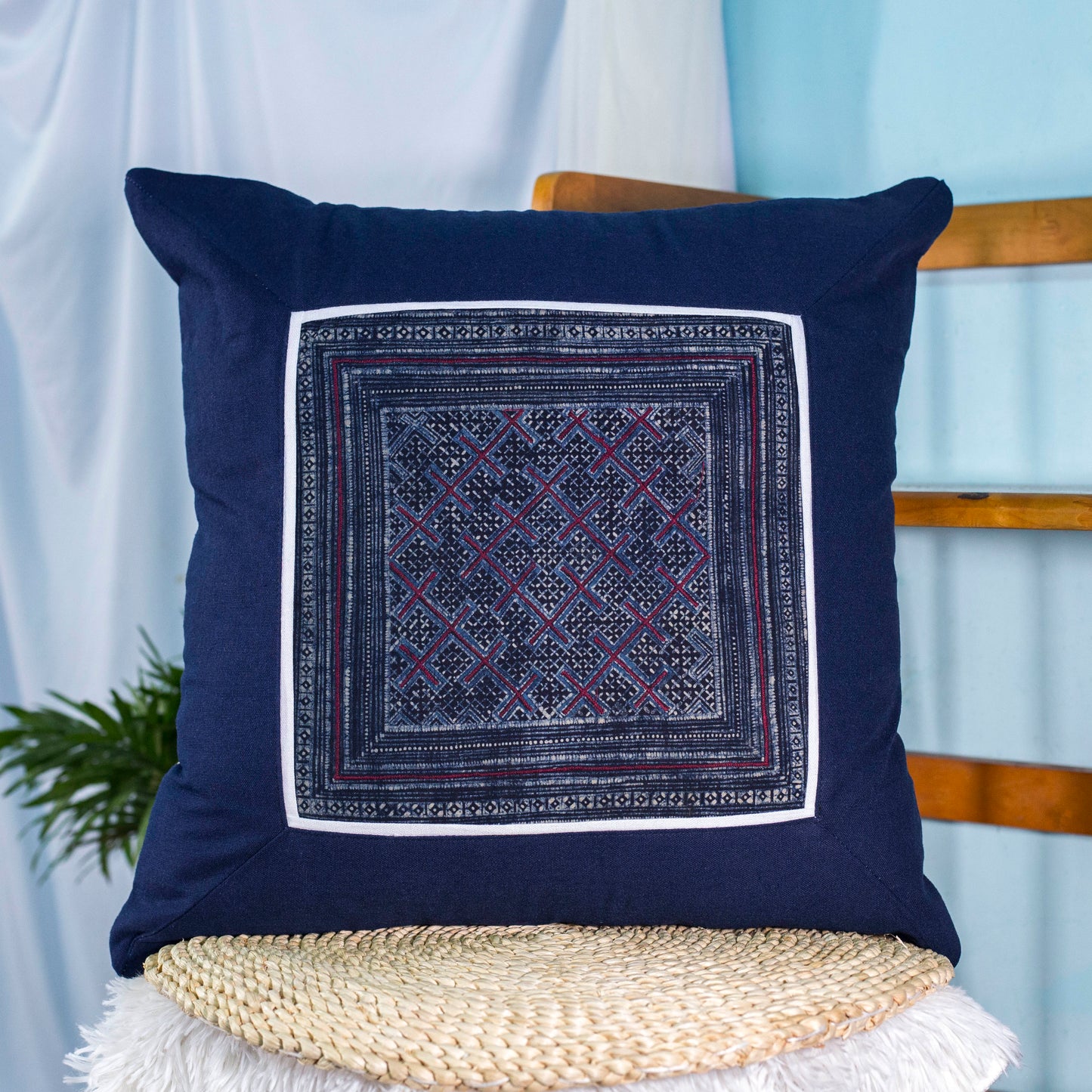 Blue Cushion Cover, H'mong vintage batik cloth, grid pattern