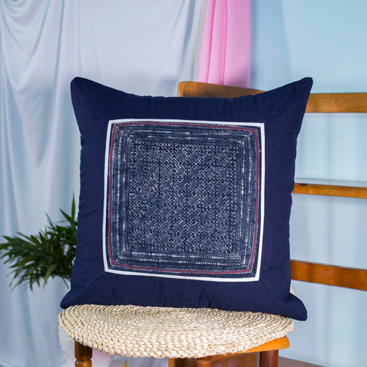 Blue Cushion Cover, H'mong vintage batik cloth, mace pattern