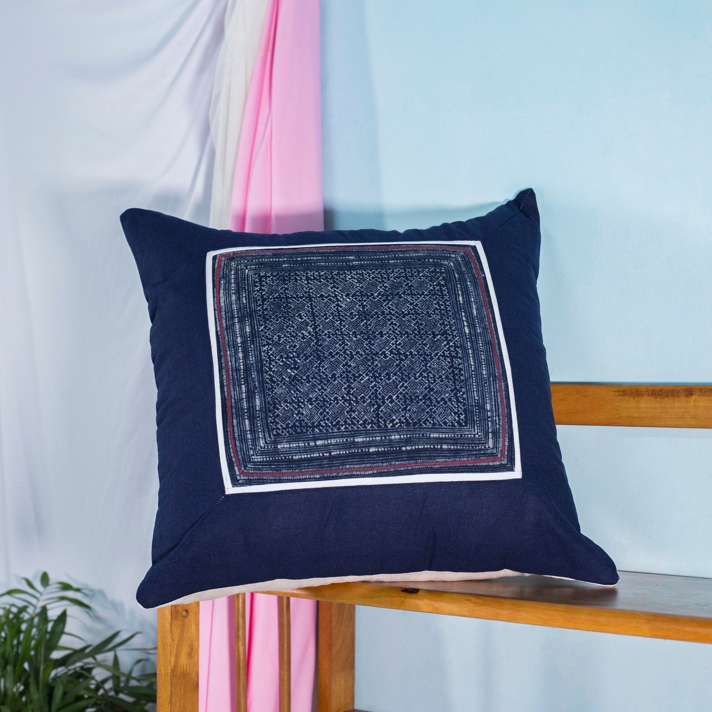 Blue Cushion Cover, H'mong vintage batik cloth, mace pattern