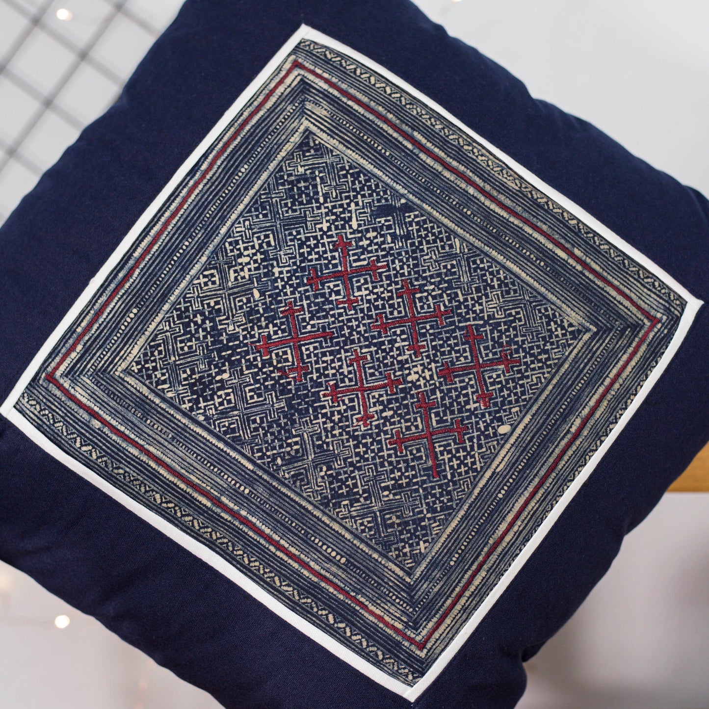 Blue Cushion Cover, H'mong vintage batik cloth, cross pattern