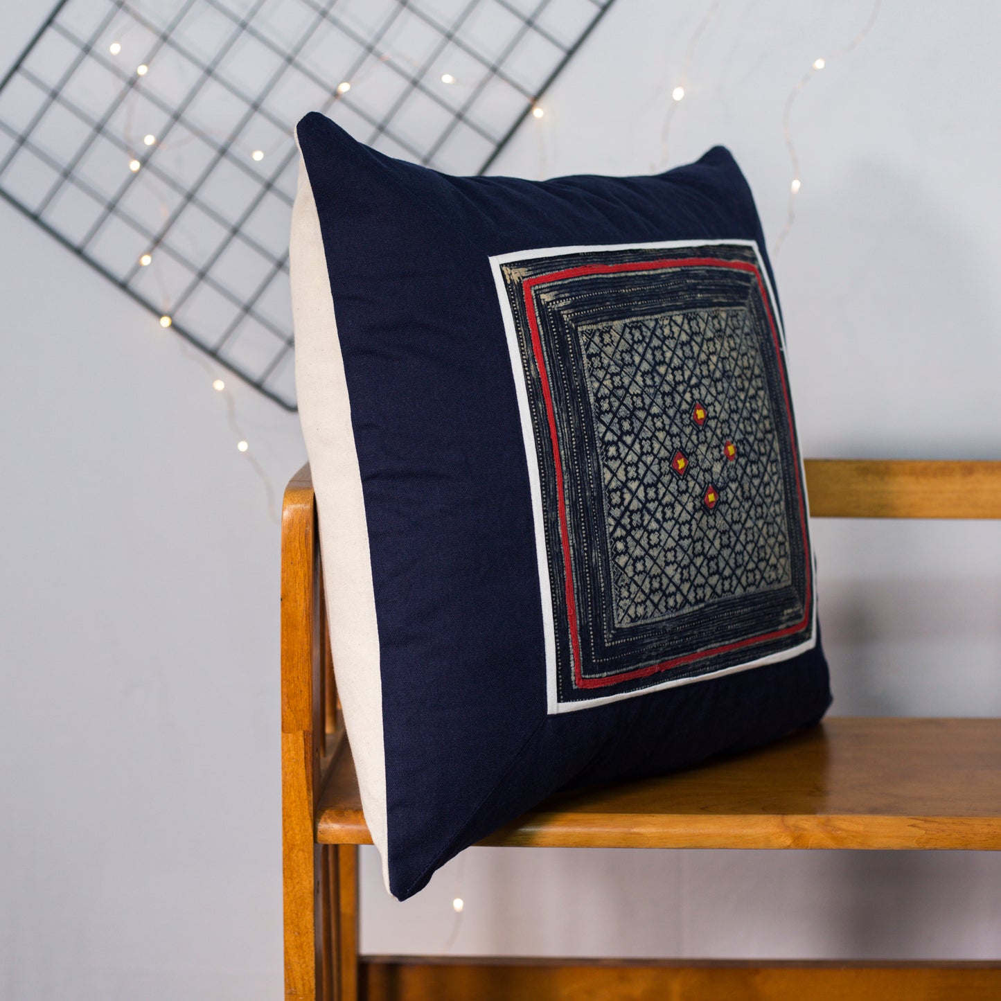 Blue Cushion Cover, H'mong vintage batik cloth, 4-dot pattern