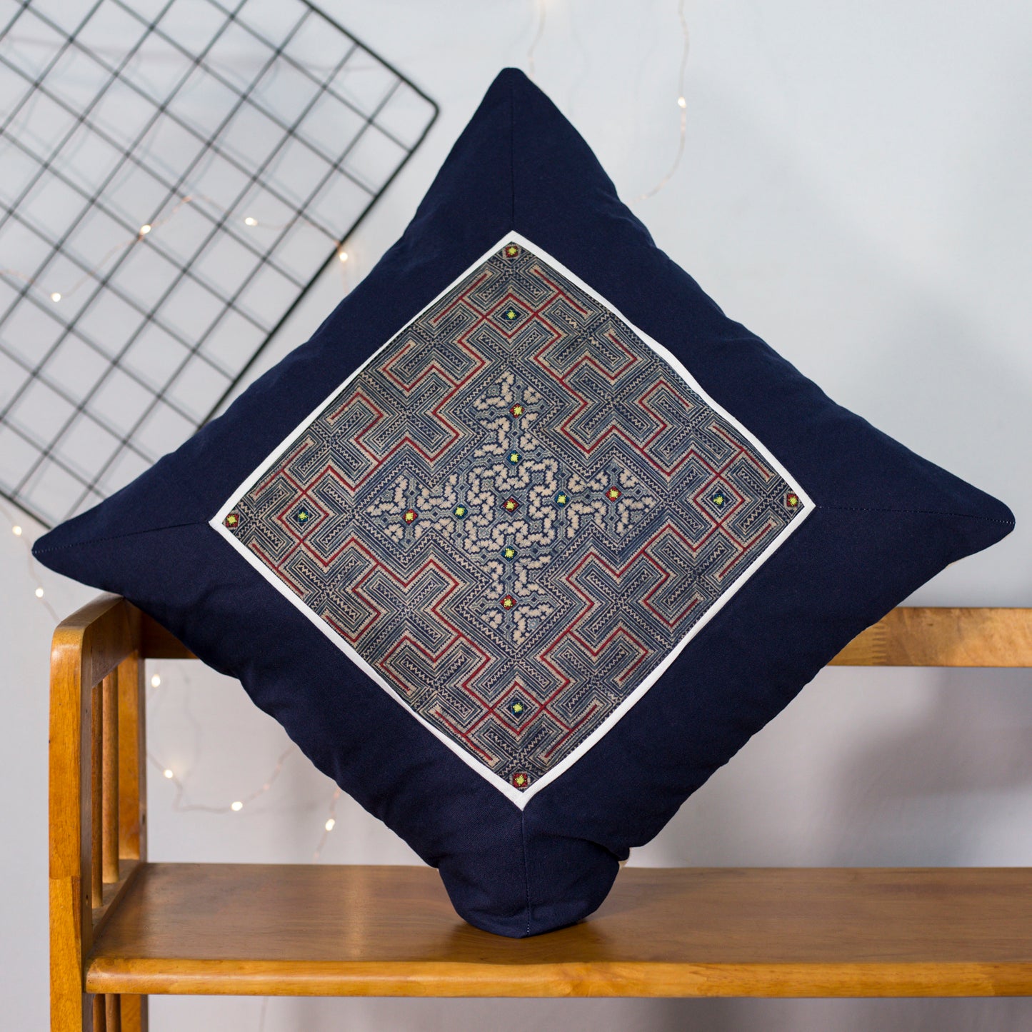 Blue Cushion Cover, H'mong vintage batik cloth, labyrinth pattern