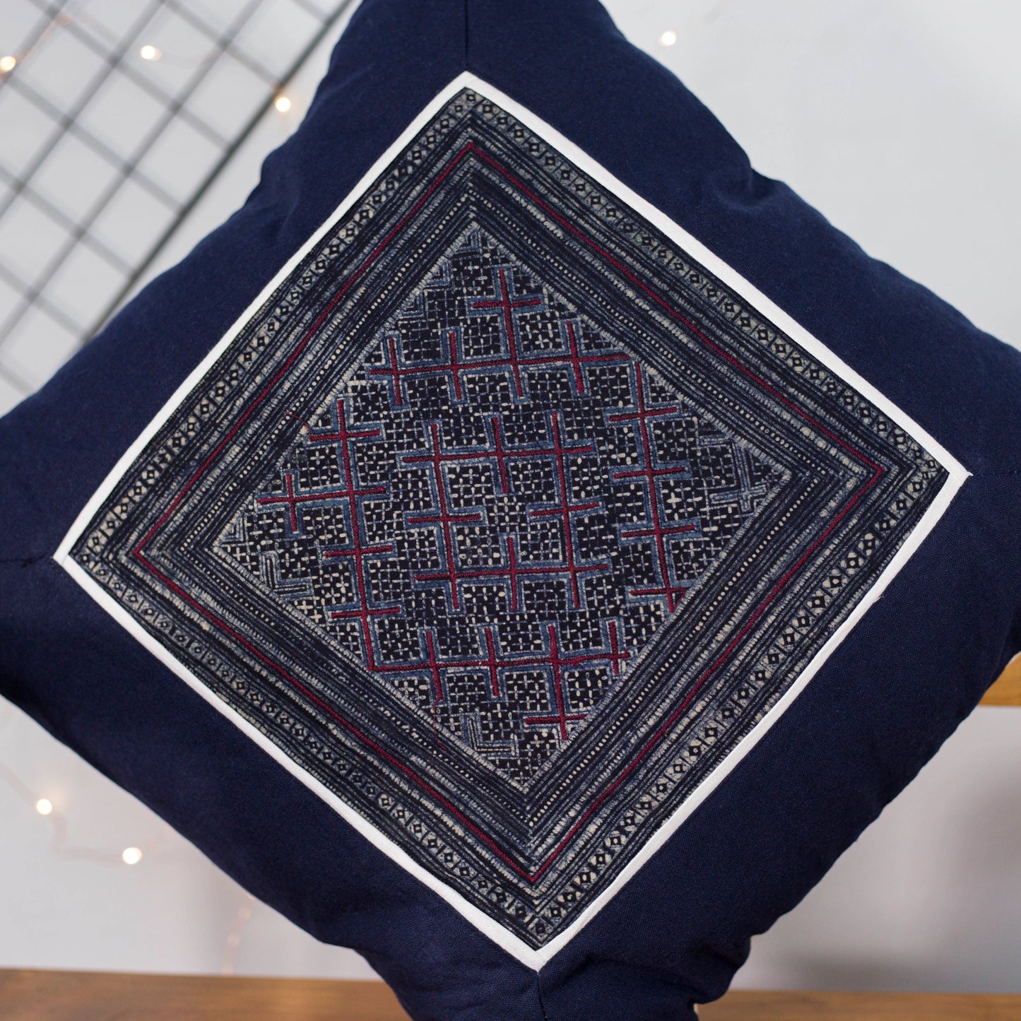 Blue Cushion Cover, H'mong vintage batik cloth, grid pattern