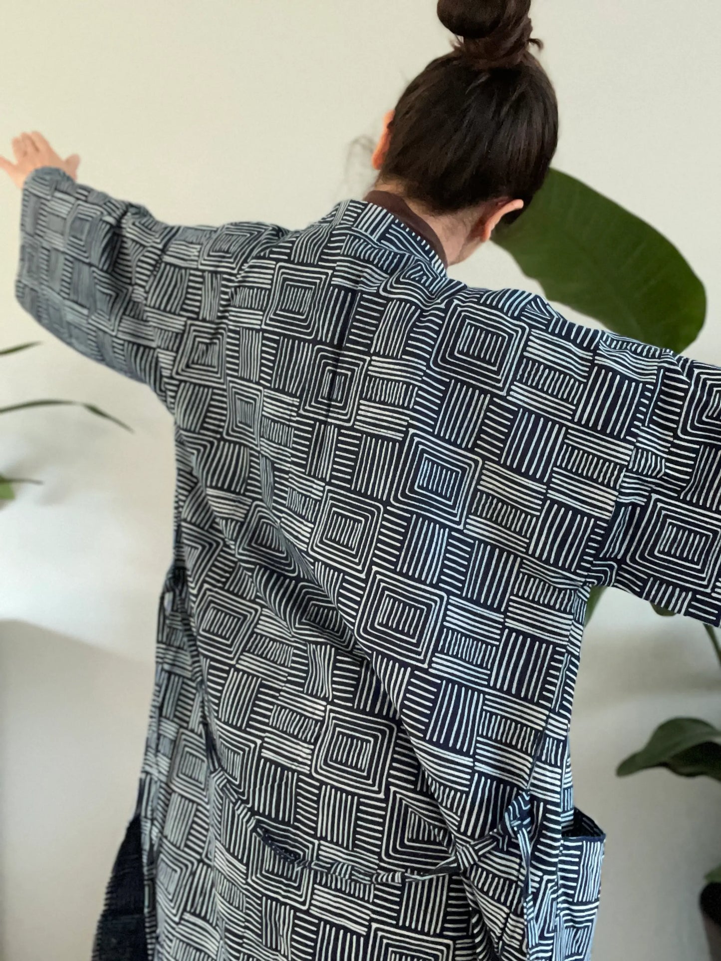 Indigo Cotton Kimono Robe - Zen Square pattern - Oversized fit