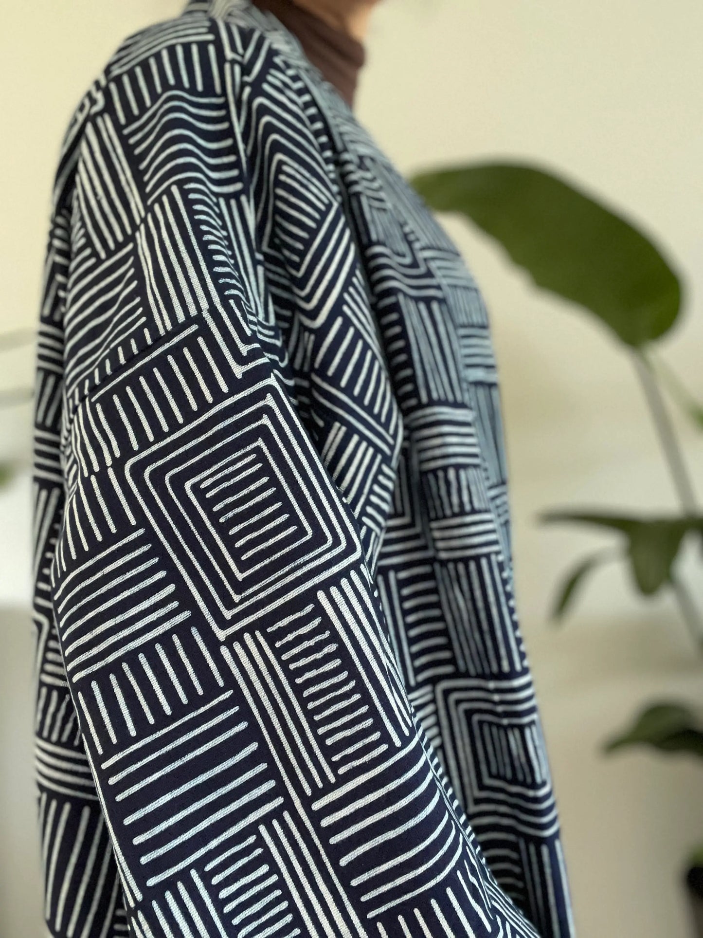 Indigo Cotton Kimono Robe - Zen Square pattern - Oversized fit