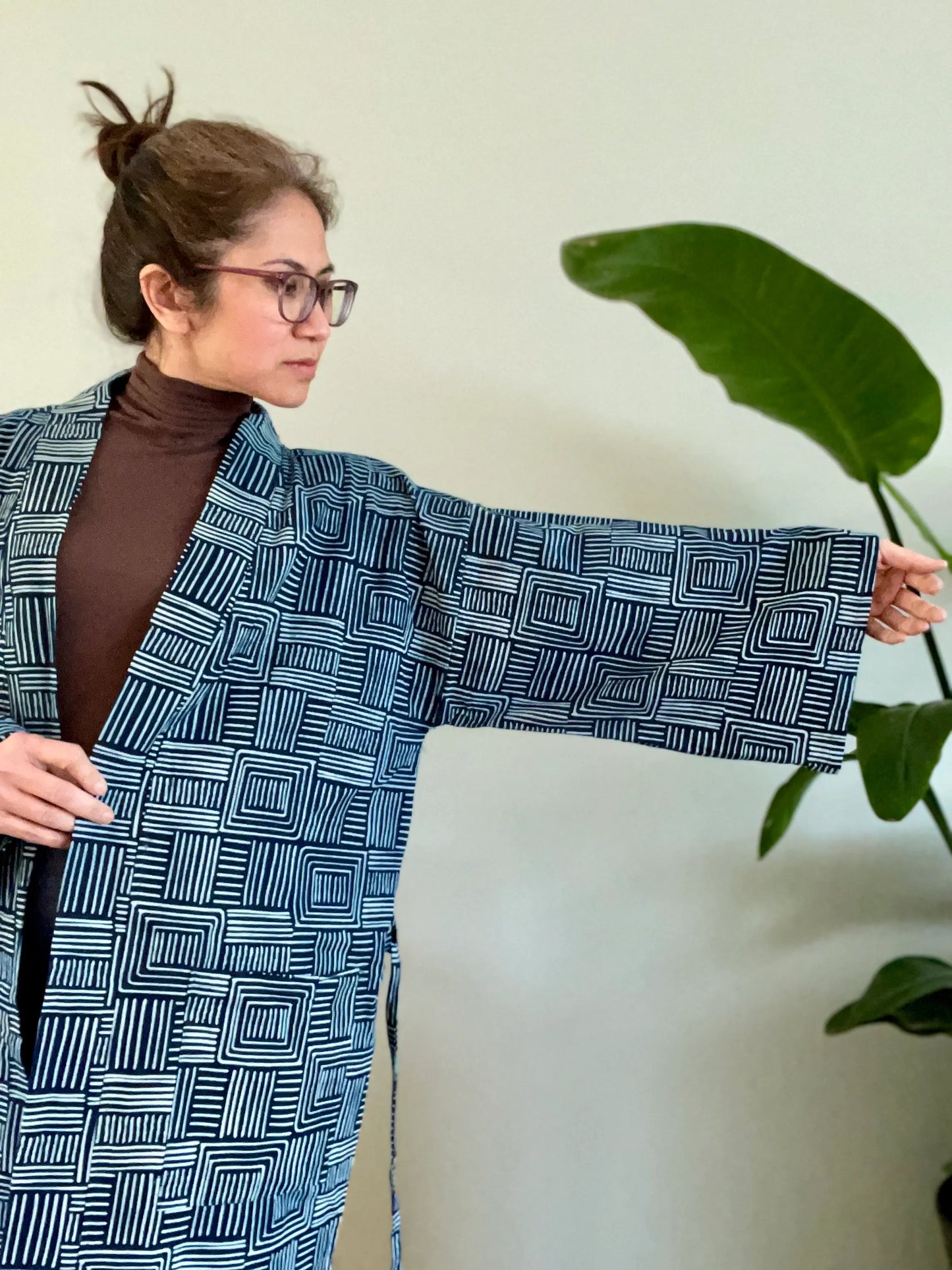 Indigo Cotton Kimono Robe - Zen Square pattern - Oversized fit