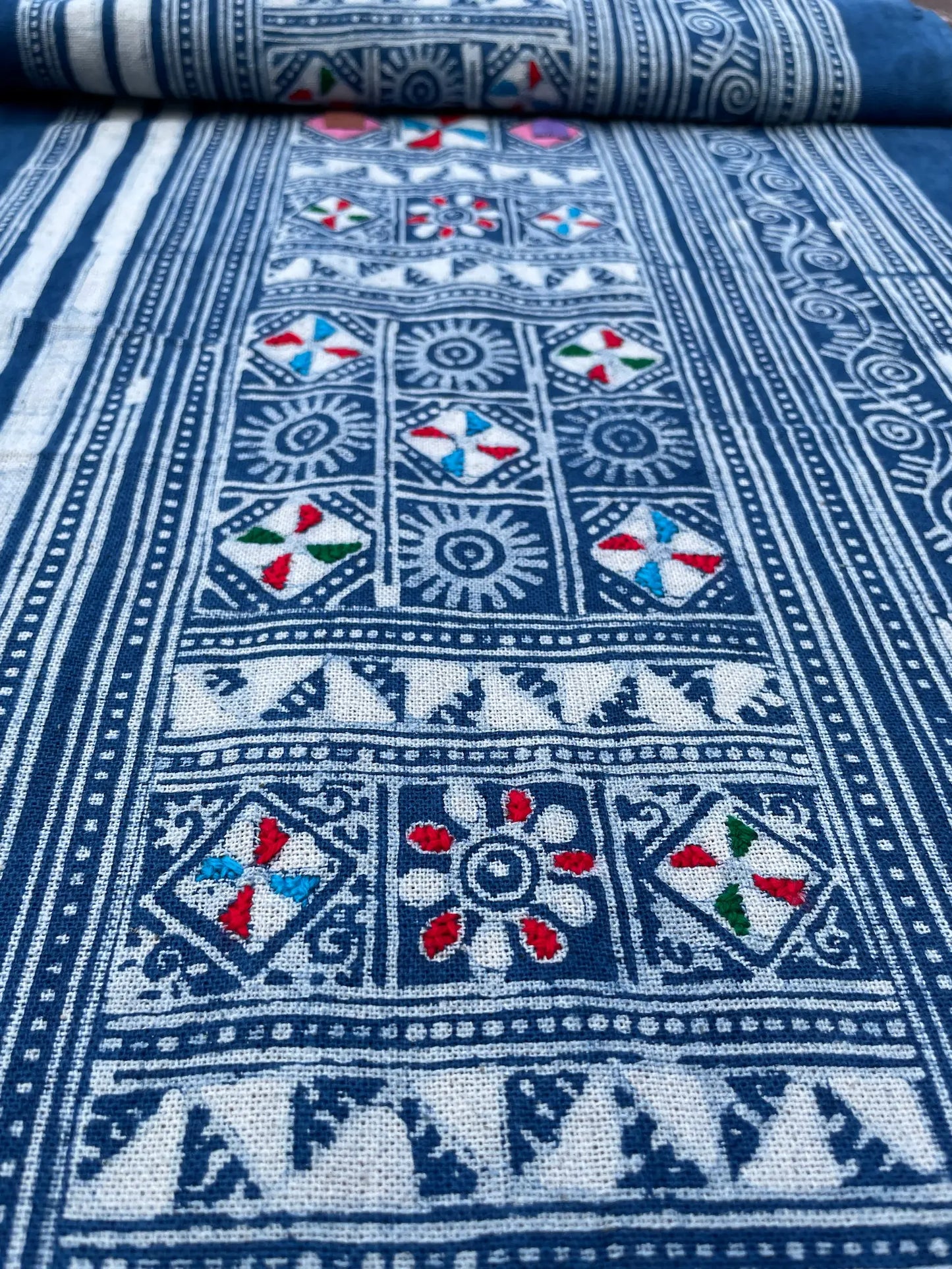 Block print batik with embroidery and appliqué on cotton