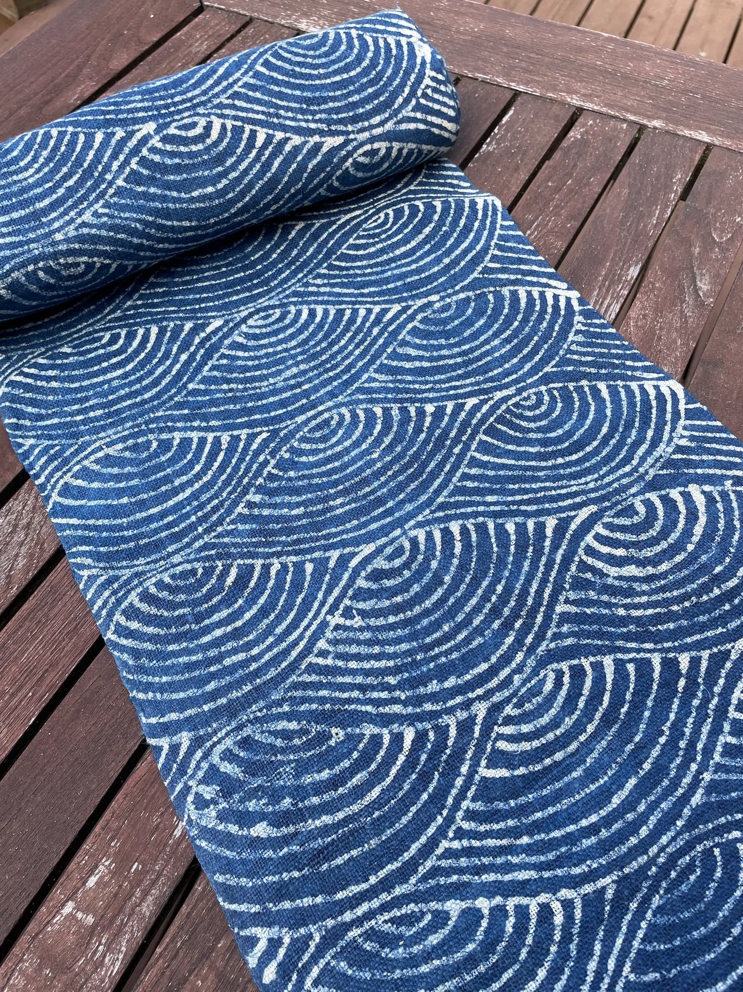 Handwoven hemp, batik indigo, deep water tide pattern