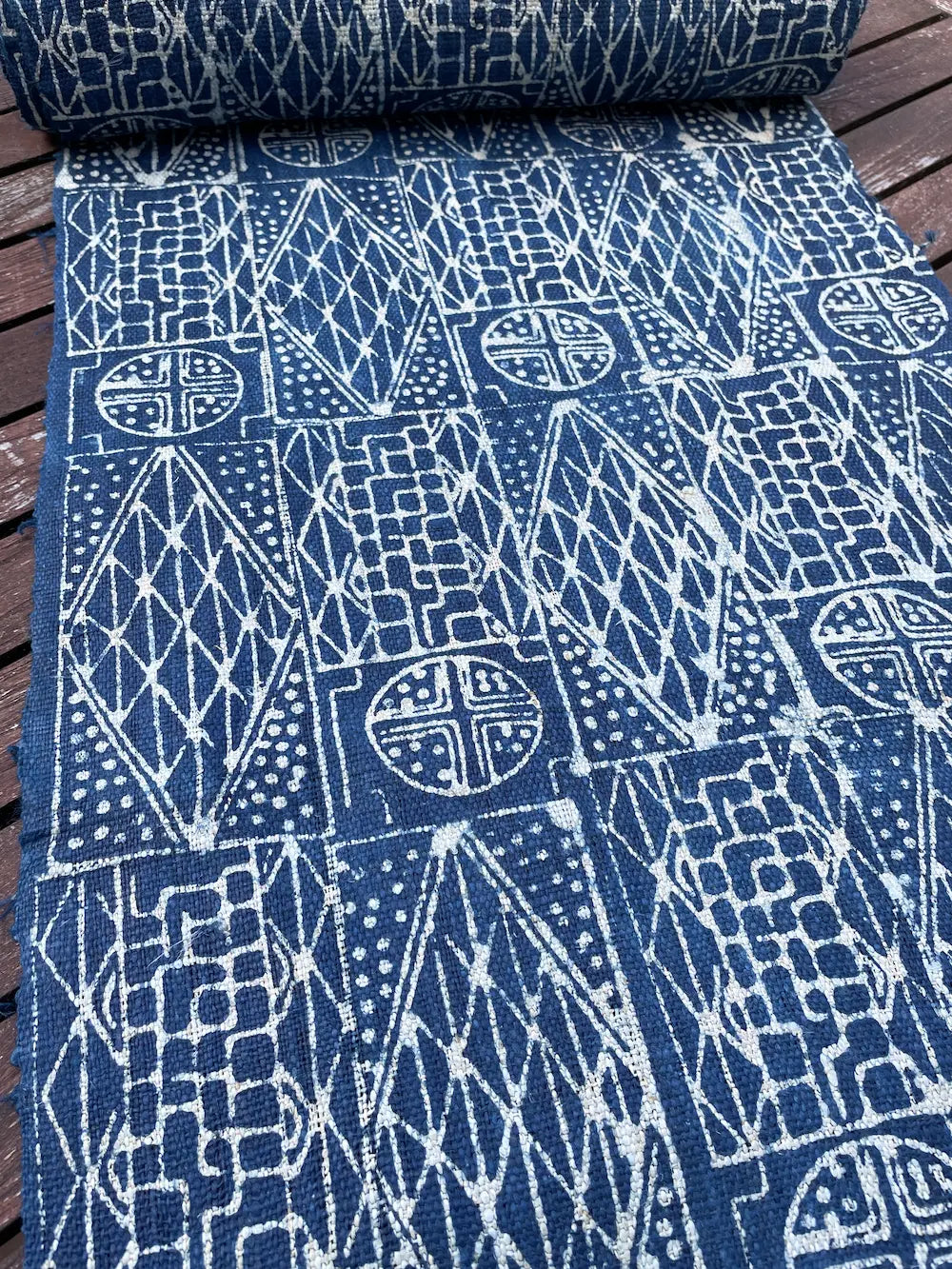Handwoven hemp, batik indigo, tribal tile pattern