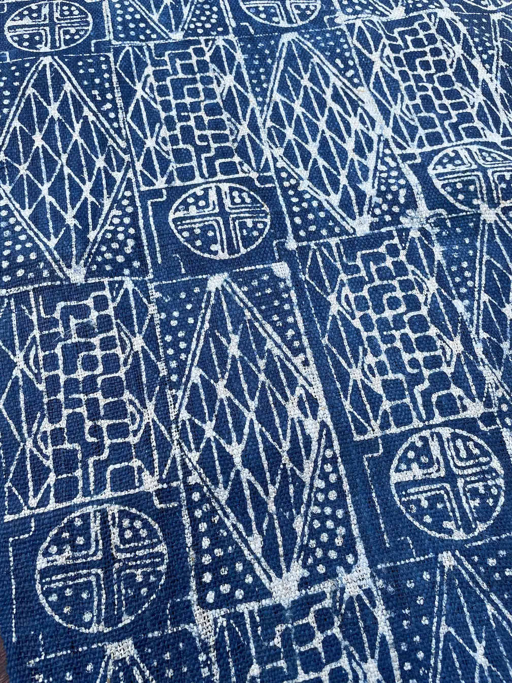 Handwoven hemp, batik indigo, tribal tile pattern