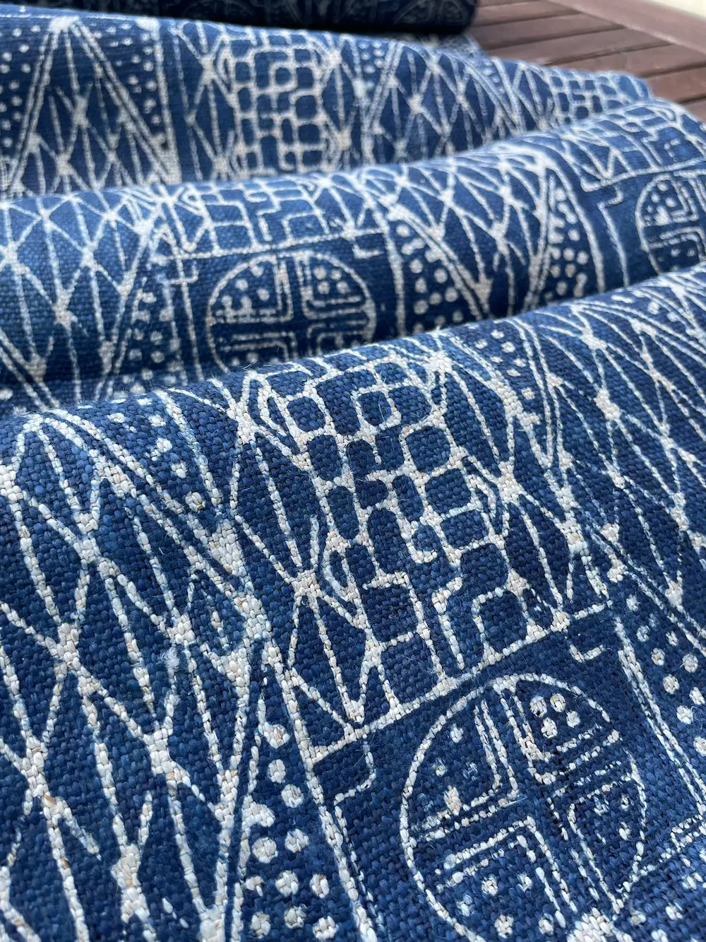 Handwoven hemp, batik indigo, tribal tile pattern