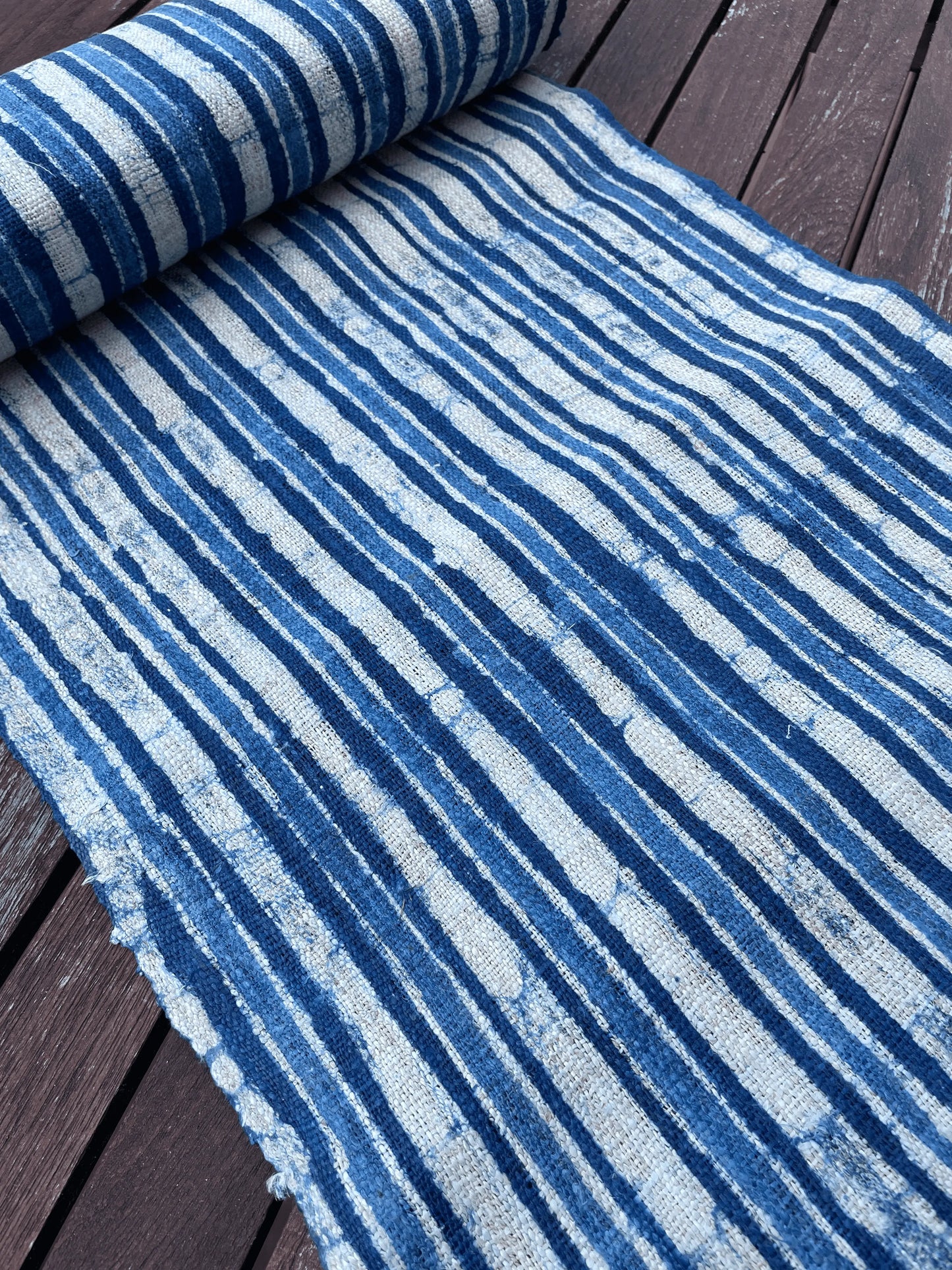 Handwoven hemp, batik indigo, striped blue and white pattern