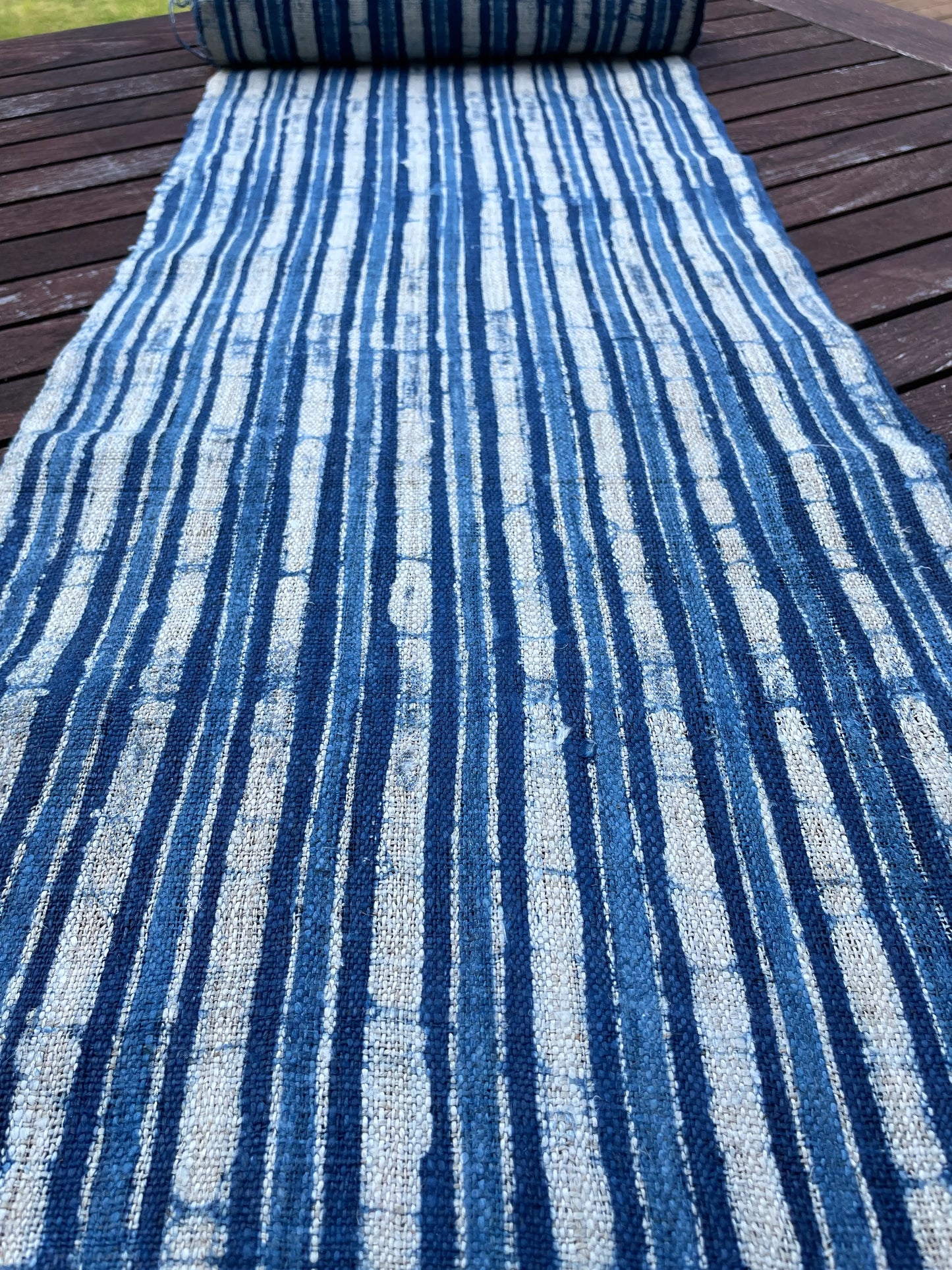 Handwoven hemp, batik indigo, striped blue and white pattern