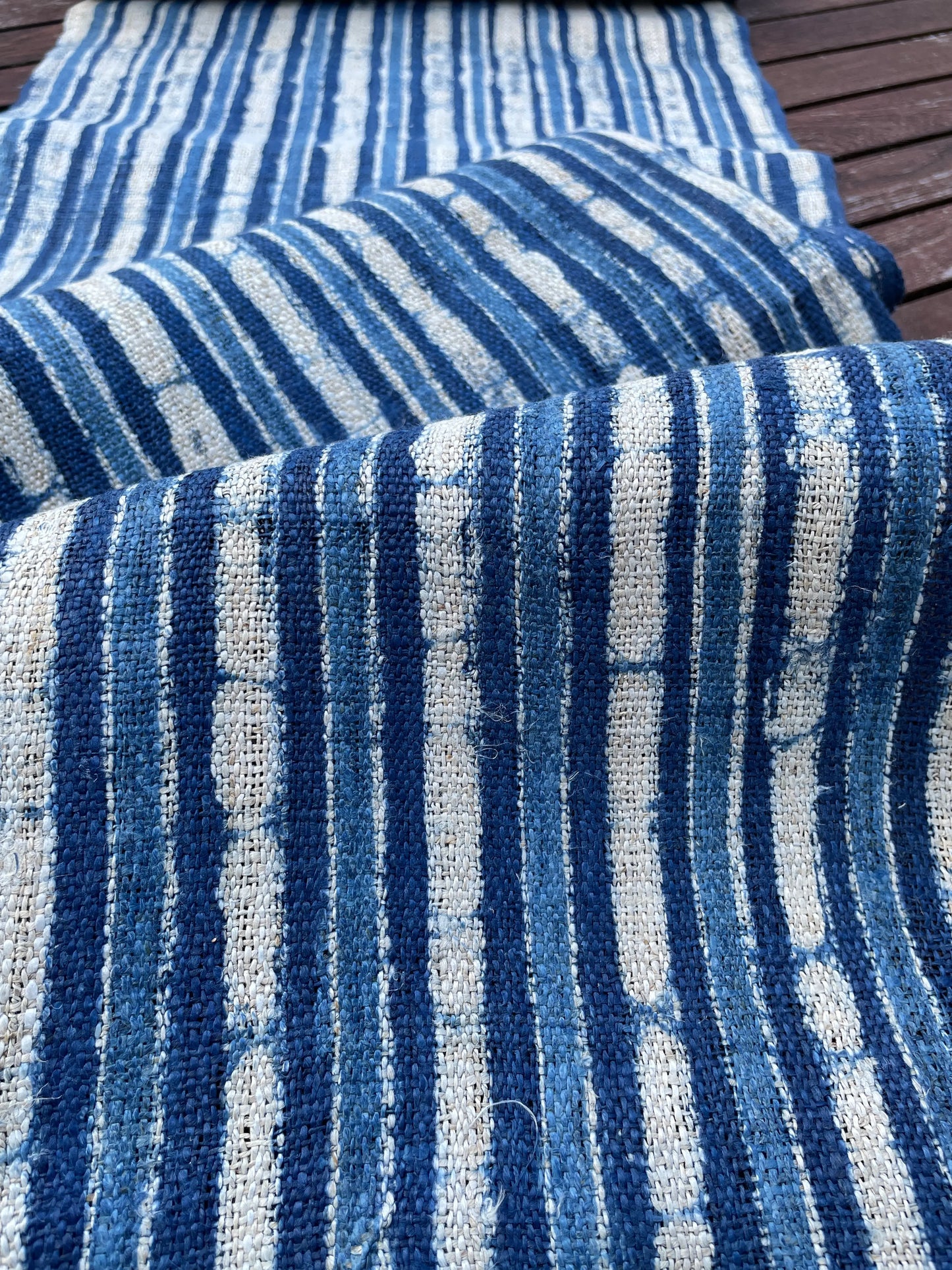 Handwoven hemp, batik indigo, striped blue and white pattern