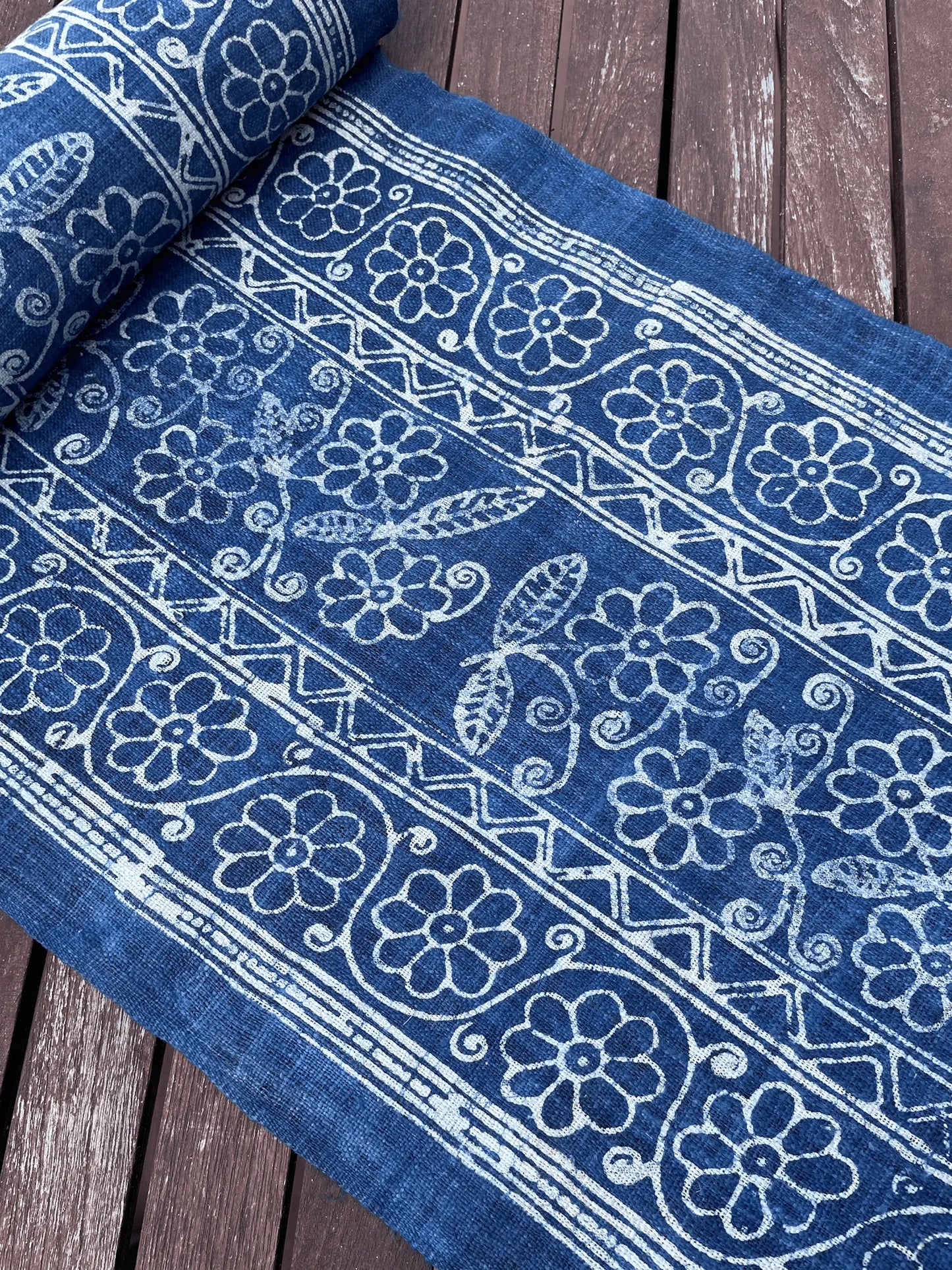 Handwoven hemp, batik indigo, flowery pattern
