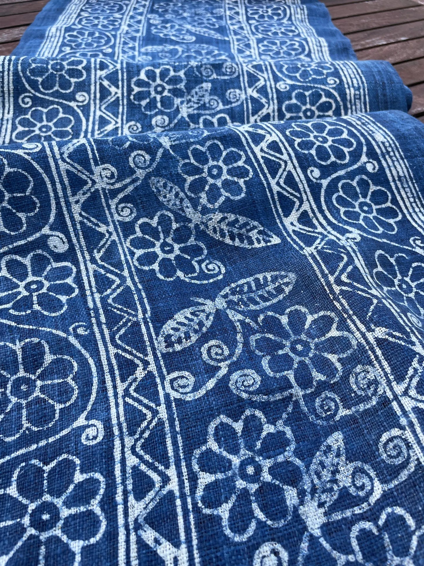 Handwoven hemp, batik indigo, flowery pattern