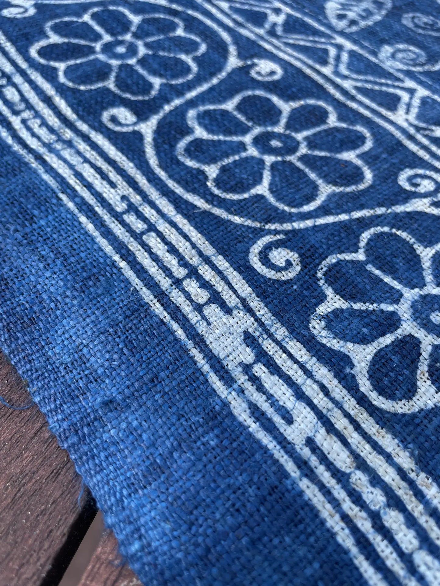 Handwoven hemp, batik indigo, flowery pattern