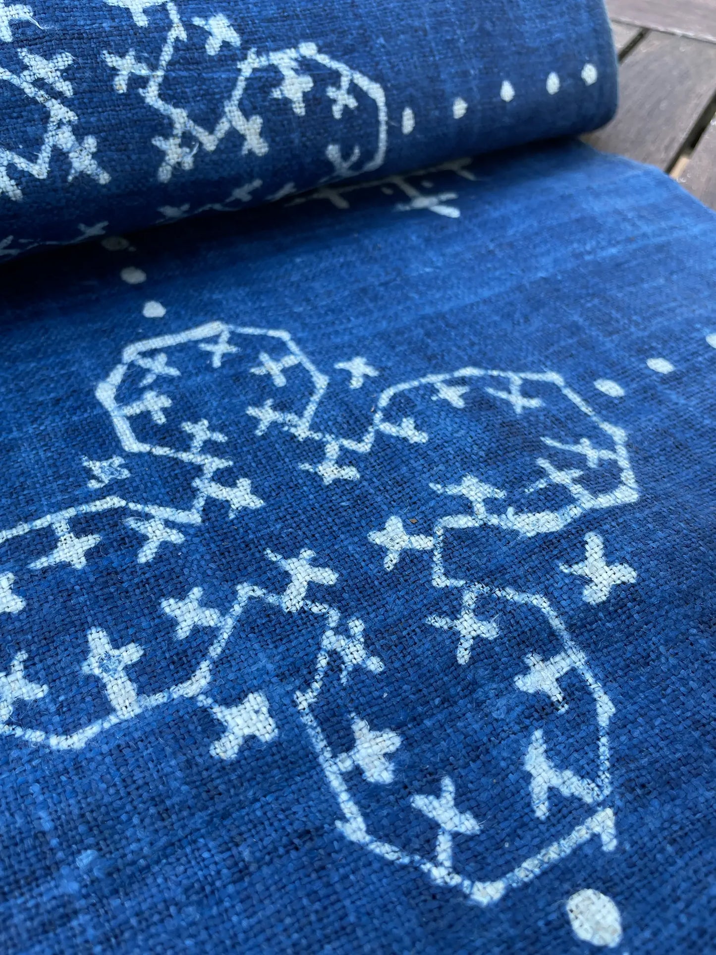 Handwoven hemp, batik indigo, four petal pattern