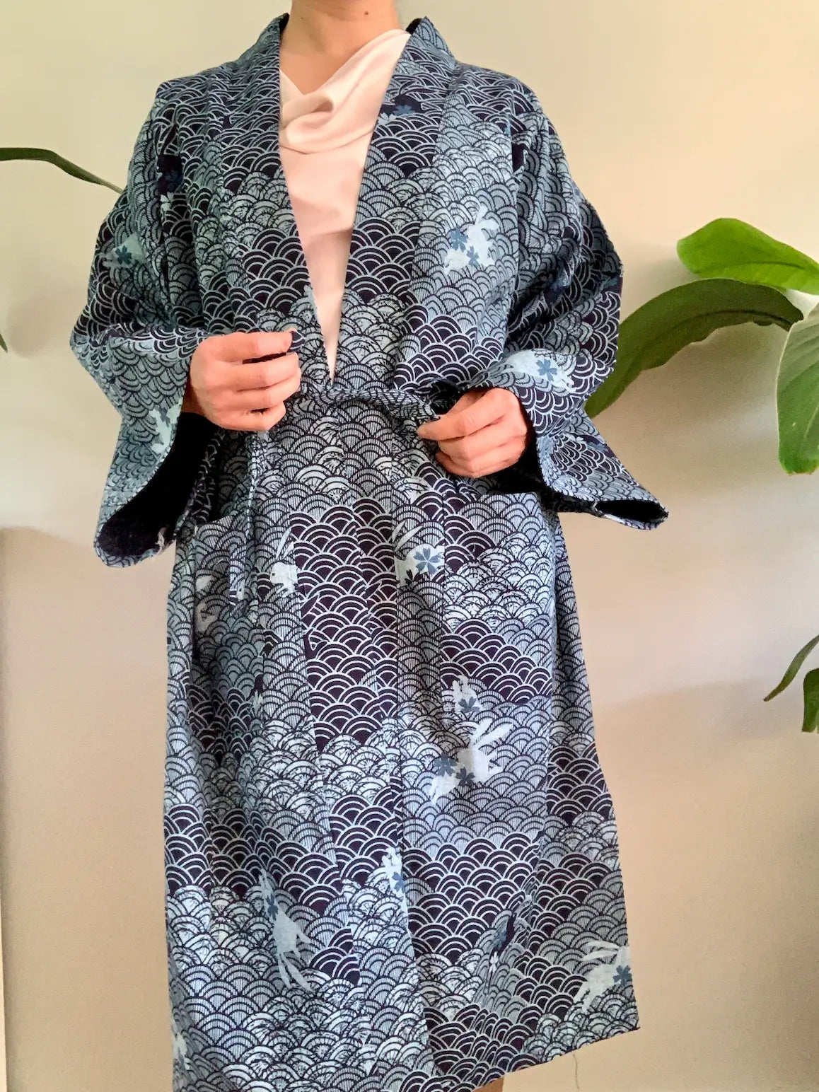 Indigo Cotton Kimono Robe - wave and rabbit pattern