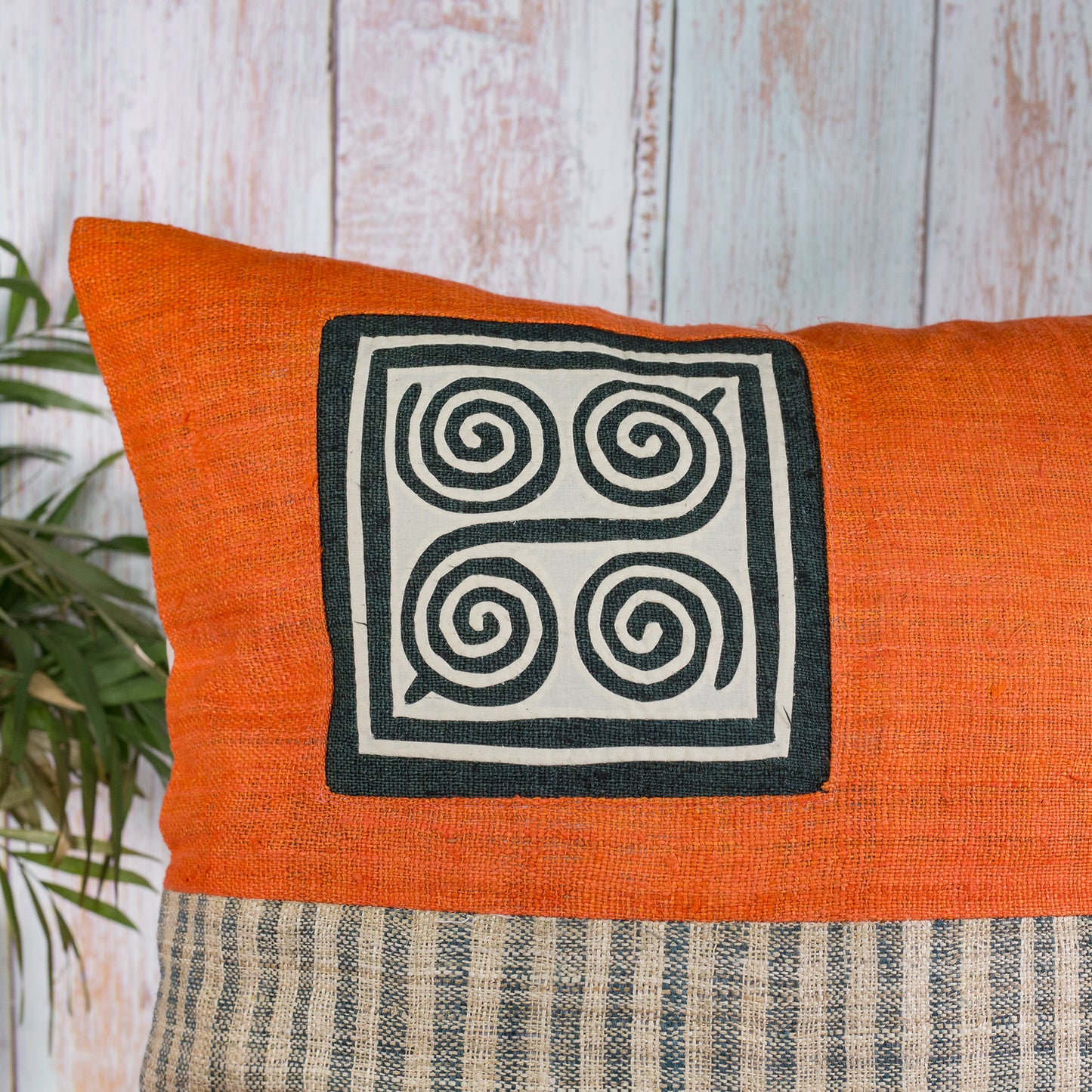 Hemp Cushion Cover in Orange - H'mong pattern, handwoven fabric stripes, handmade 100%