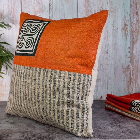 Hemp Cushion Cover in Orange - H'mong pattern, handwoven fabric stripes, handmade 100%