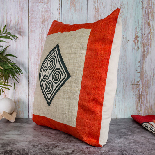 Hemp Cushion Cover in Red- 100% handmade, beige hemp, black and white pattern at center