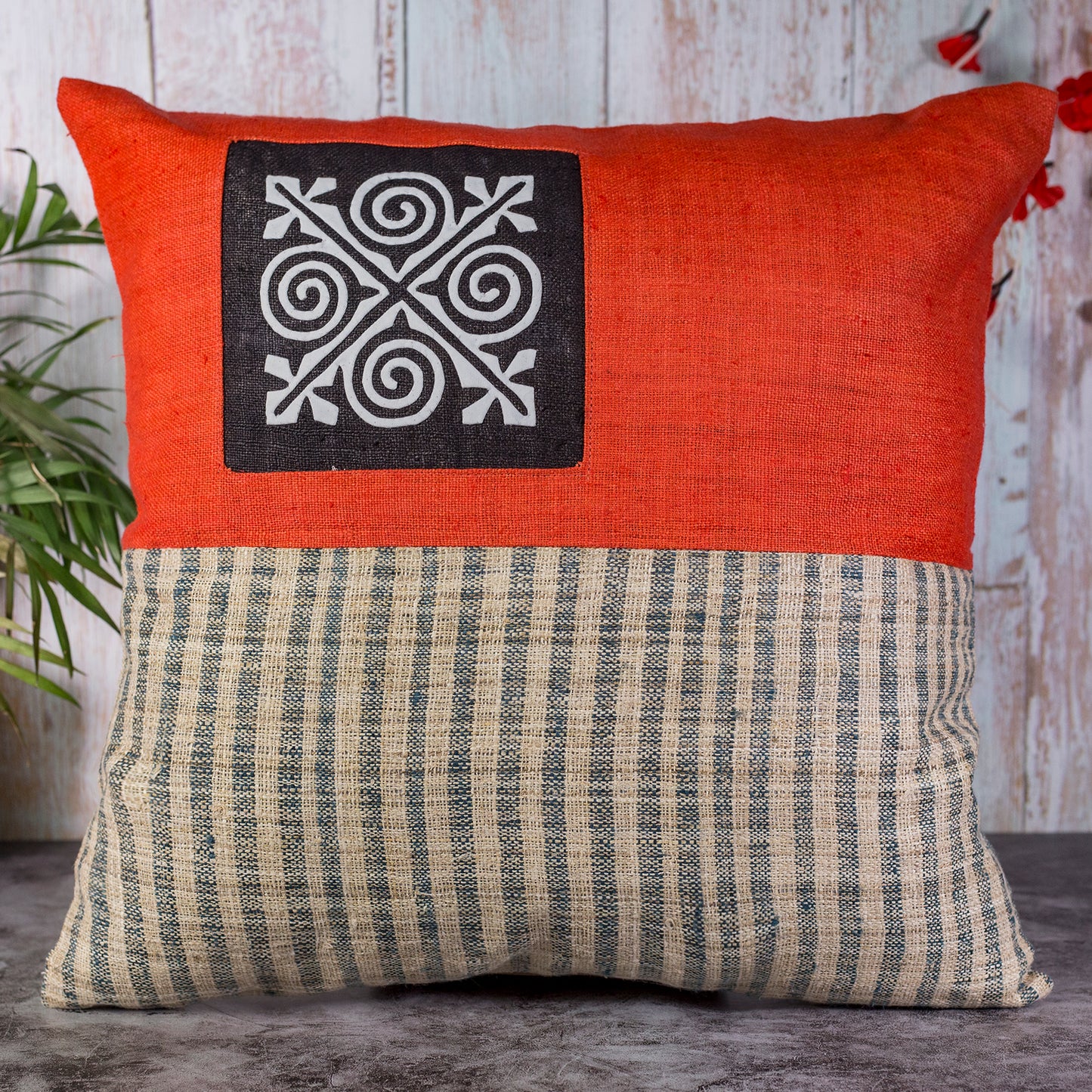 Hemp Cushion Cover in Red - H'mong pattern, handwoven fabric stripes, handmade 100%