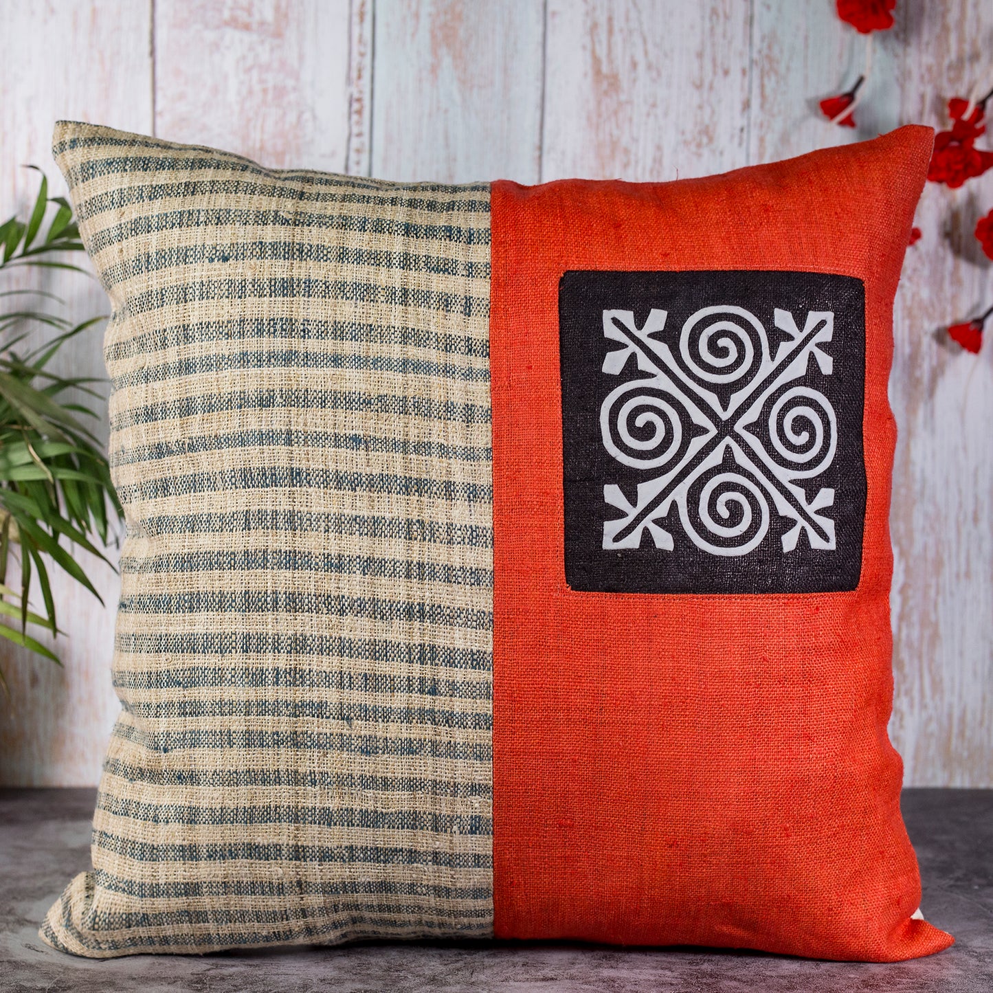 Hemp Cushion Cover in Red - H'mong pattern, handwoven fabric stripes, handmade 100%