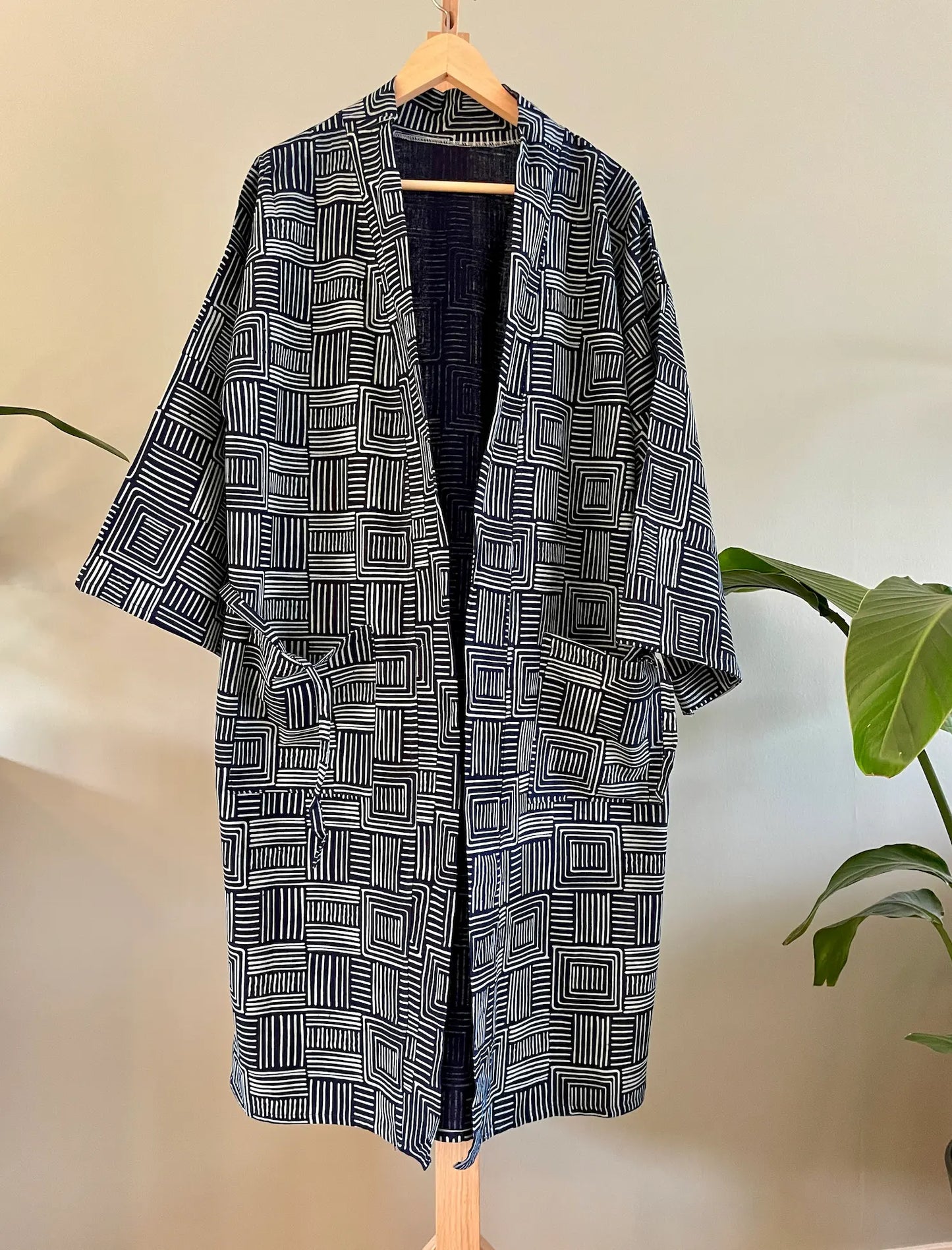 Indigo Cotton Kimono Robe - Zen Square pattern - Oversized fit